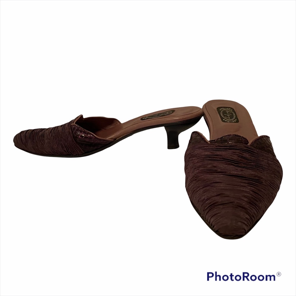 SALPY SHOES MULES HEELS PURPLE FABRIC AND LEATHER USA HANDMADE Size 7.5